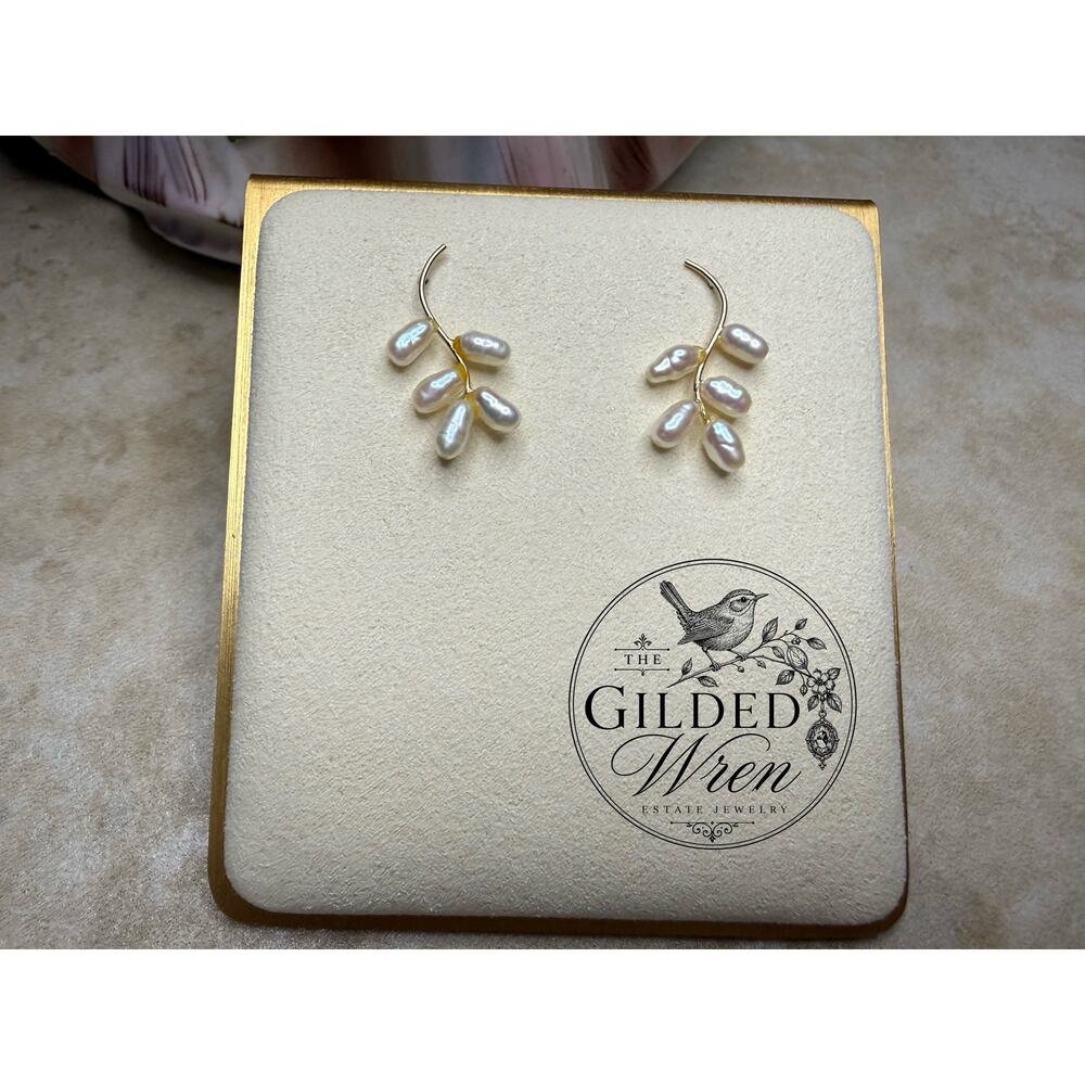 Vintage 14K Gold Freshwater Pearl Branch Dangle Earrings Organic Artisan Design - Picture 2 of 7